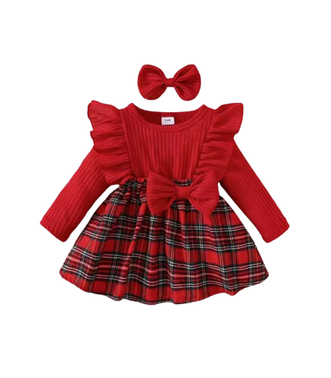 The Gracelyn - Baby Girl Plaid Dress Set with Bow Headband Ruffle Sleeve Ribbed Top