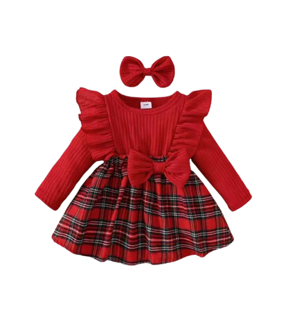 The Gracelyn - Baby Girl Plaid Dress Set with Bow Headband Ruffle Sleeve Ribbed Top