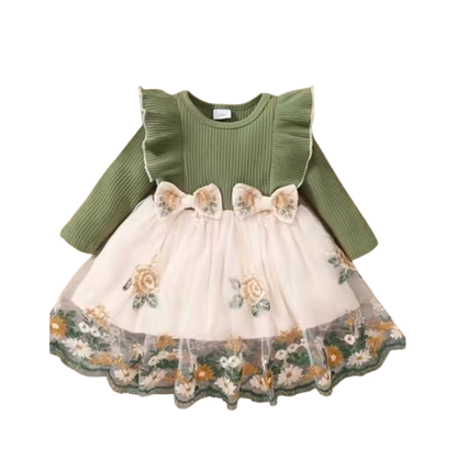 The Meredith - Baby Girl Ruffle Edge Long Sleeved Patchwork Flower Mesh Dress