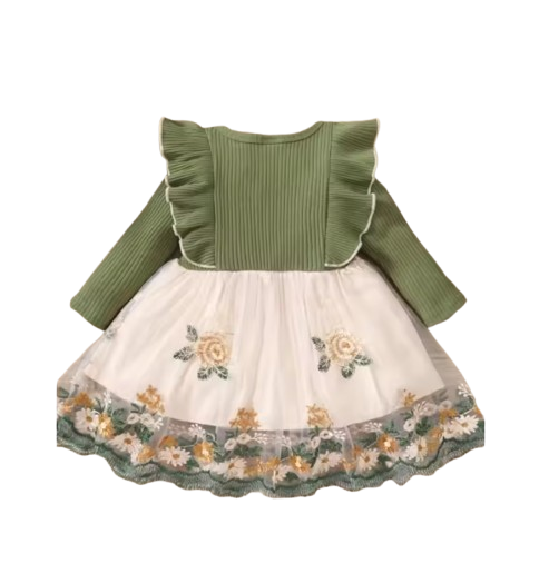 The Meredith - Baby Girl Ruffle Edge Long Sleeved Patchwork Flower Mesh Dress