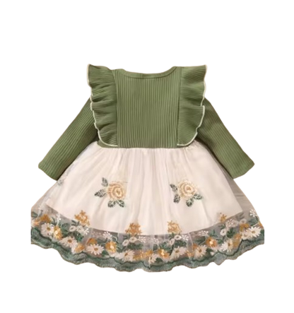 The Meredith - Baby Girl Ruffle Edge Long Sleeved Patchwork Flower Mesh Dress