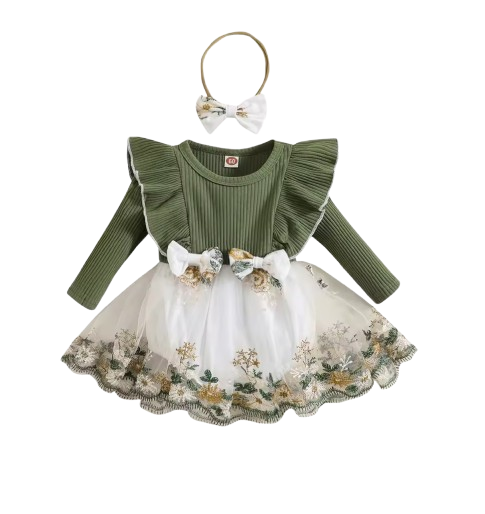 The Fiona - Baby Girl Embroidery Long Sleeves Bodysuit Dress and Cute Headband