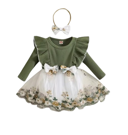 The Fiona - Baby Girl Embroidery Long Sleeves Bodysuit Dress and Cute Headband