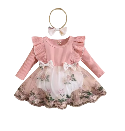 The Fiona - Baby Girl Embroidery Long Sleeves Bodysuit Dress and Cute Headband