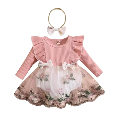 The Fiona - Baby Girl Embroidery Long Sleeves Bodysuit Dress and Cute Headband