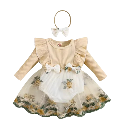 The Fiona - Baby Girl Embroidery Long Sleeves Bodysuit Dress and Cute Headband