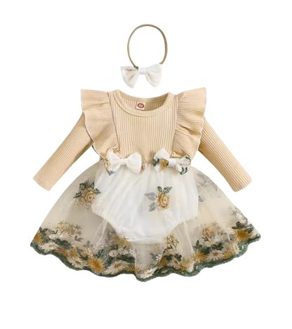 The Fiona - Baby Girl Embroidery Long Sleeves Bodysuit Dress and Cute Headband