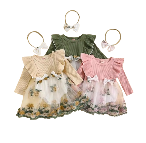 The Fiona - Baby Girl Embroidery Long Sleeves Bodysuit Dress and Cute Headband