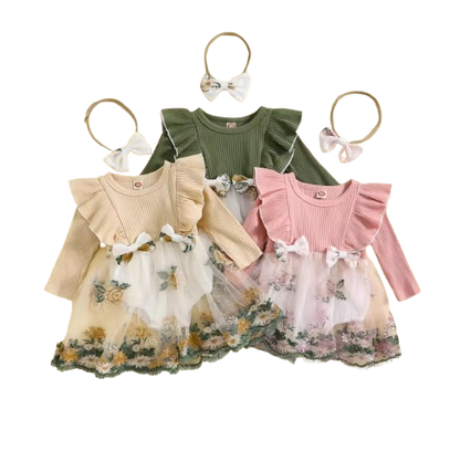 The Fiona - Baby Girl Embroidery Long Sleeves Bodysuit Dress and Cute Headband