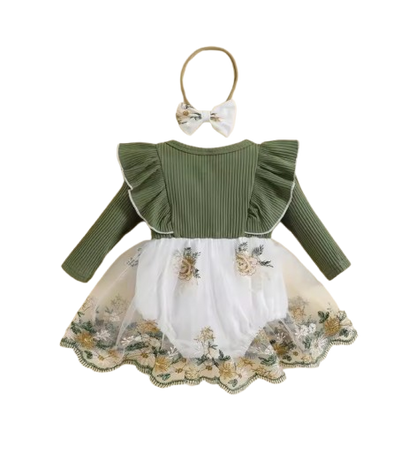 The Fiona - Baby Girl Embroidery Long Sleeves Bodysuit Dress and Cute Headband