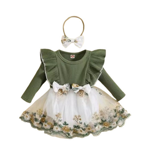 The Fiona - Baby Girl Embroidery Long Sleeves Bodysuit Dress and Cute Headband