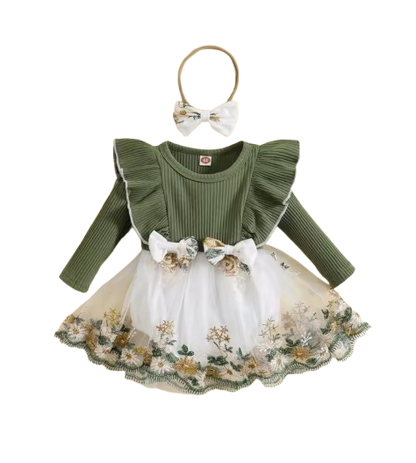 The Fiona - Baby Girl Embroidery Long Sleeves Bodysuit Dress and Cute Headband