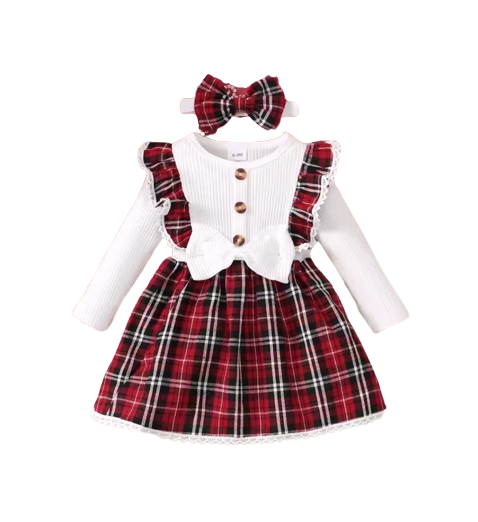 The Maren - Baby Girl Red Plaid Patchwork Groove Lace Design Bow Dress and Headband