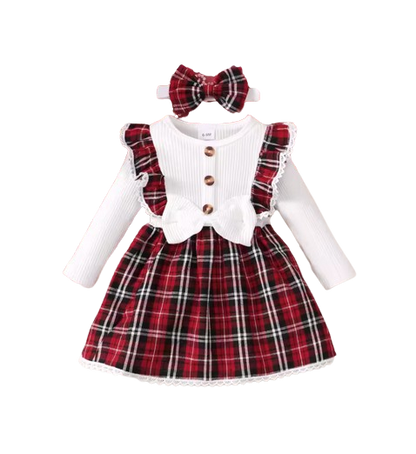The Maren - Baby Girl Red Plaid Patchwork Groove Lace Design Bow Dress and Headband