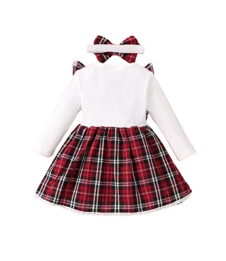 The Maren - Baby Girl Red Plaid Patchwork Groove Lace Design Bow Dress and Headband