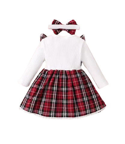 The Maren - Baby Girl Red Plaid Patchwork Groove Lace Design Bow Dress and Headband