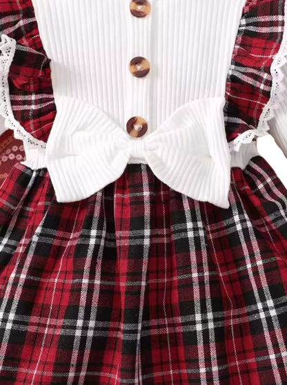 The Maren - Baby Girl Red Plaid Patchwork Groove Lace Design Bow Dress and Headband