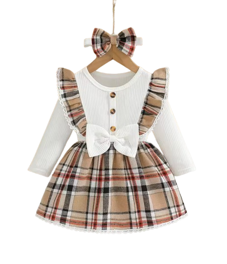 The Maren - Baby Girl Brown Plaid Patchwork Groove Lace Design Bow Dress and Headband