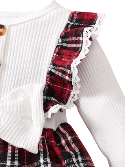 The Maren - Baby Girl Red Plaid Patchwork Groove Lace Design Bow Dress and Headband