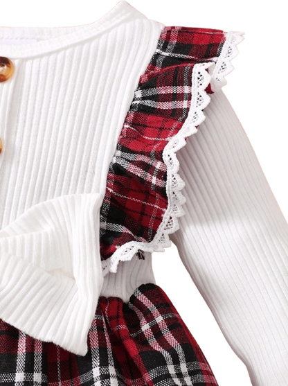 The Maren - Baby Girl Red Plaid Patchwork Groove Lace Design Bow Dress and Headband