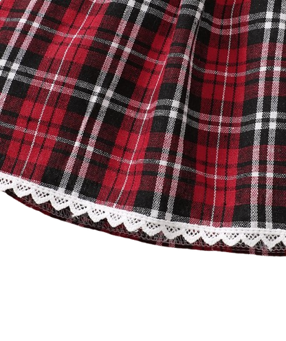 The Maren - Baby Girl Red Plaid Patchwork Groove Lace Design Bow Dress and Headband