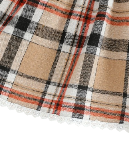 The Maren - Baby Girl Brown Plaid Patchwork Groove Lace Design Bow Dress and Headband
