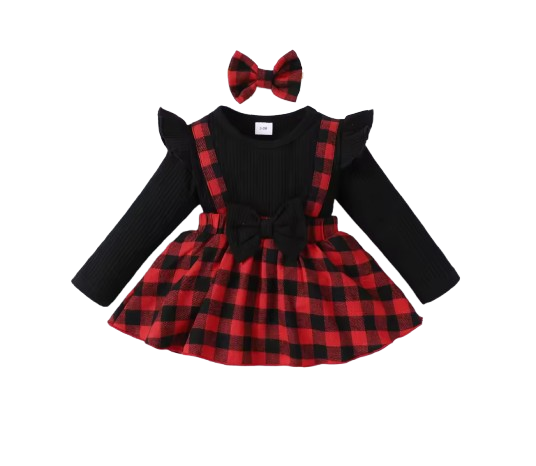 The Felicity - Baby Girl Dress With Small Fly Sleeve Checkered Dress and Bow Headband