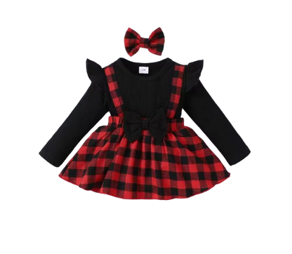The Felicity - Baby Girl Dress With Small Fly Sleeve Checkered Dress and Bow Headband