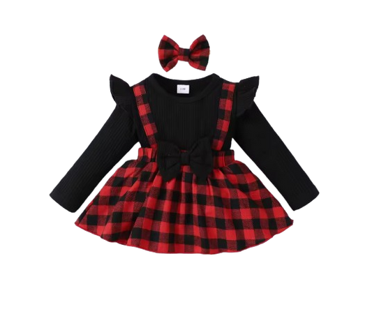 The Felicity - Baby Girl Dress With Small Fly Sleeve Checkered Dress and Bow Headband