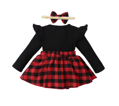 The Felicity - Baby Girl Dress With Small Fly Sleeve Checkered Dress and Bow Headband