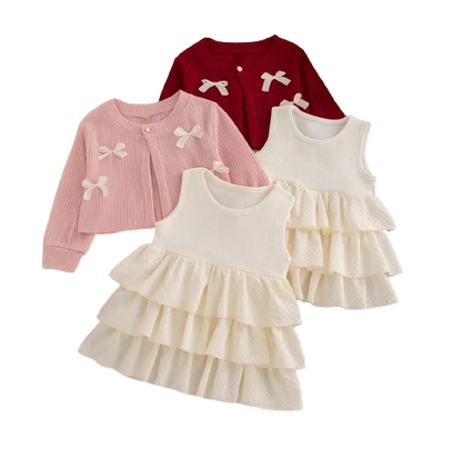The Alexandria - Baby Girl Pink Bow Knit Red Coat with Sleeveless Cake Dress