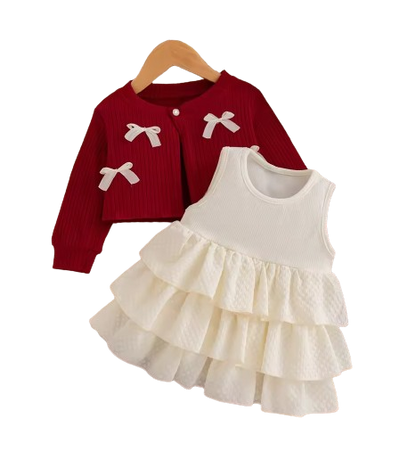 The Alexandria - Baby Girl Red Bow Knit Red Coat with Sleeveless Cake Dress