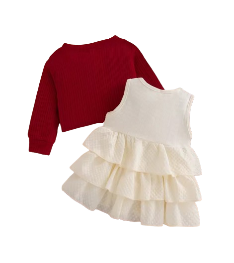 The Alexandria - Baby Girl Red Bow Knit Red Coat with Sleeveless Cake Dress