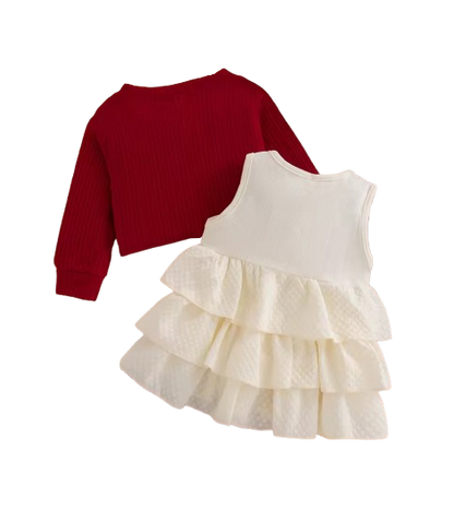 The Alexandria - Baby Girl Red Bow Knit Red Coat with Sleeveless Cake Dress