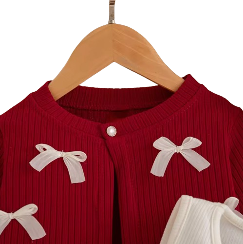 The Alexandria - Baby Girl Red Bow Knit Red Coat with Sleeveless Cake Dress