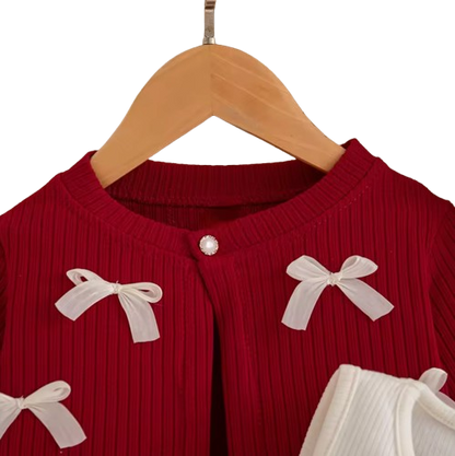 The Alexandria - Baby Girl Red Bow Knit Red Coat with Sleeveless Cake Dress