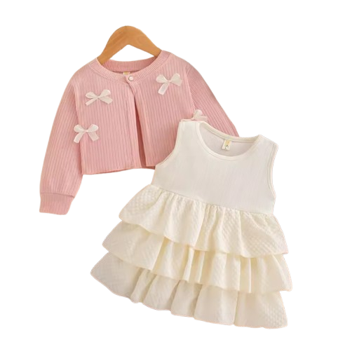 The Alexandria - Baby Girl Pink Bow Knit Red Coat with Sleeveless Cake Dress
