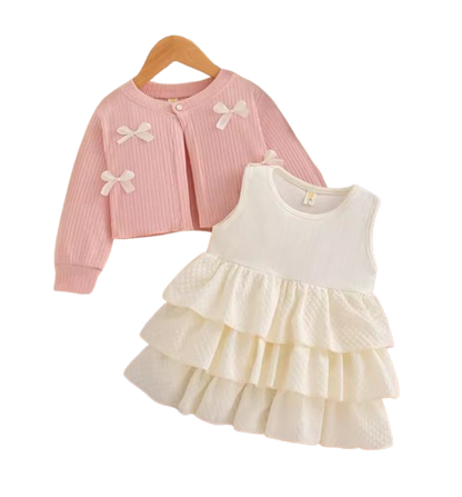 The Alexandria - Baby Girl Pink Bow Knit Red Coat with Sleeveless Cake Dress