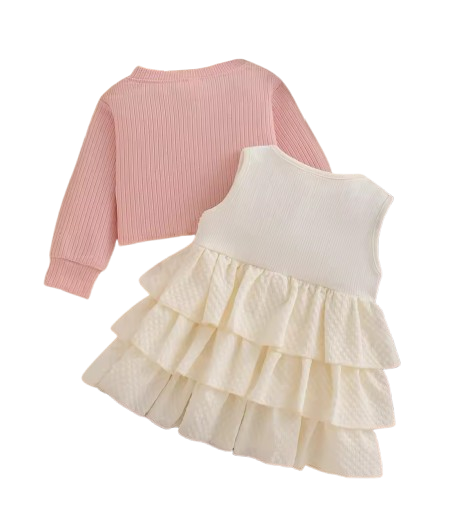 The Alexandria - Baby Girl Pink Bow Knit Red Coat with Sleeveless Cake Dress