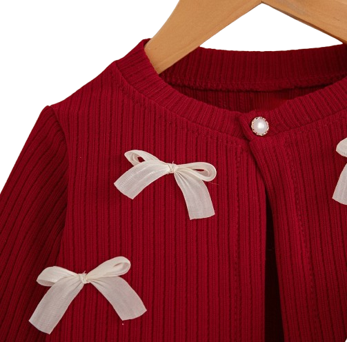 The Alexandria - Baby Girl Red Bow Knit Red Coat with Sleeveless Cake Dress