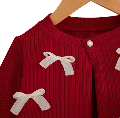 The Alexandria - Baby Girl Red Bow Knit Red Coat with Sleeveless Cake Dress