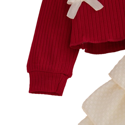 The Alexandria - Baby Girl Red Bow Knit Red Coat with Sleeveless Cake Dress