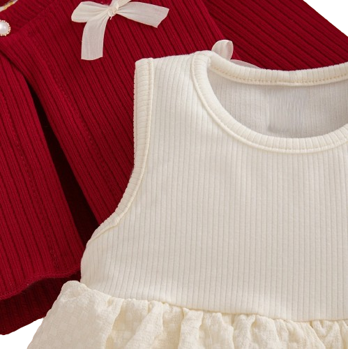 The Alexandria - Baby Girl Red Bow Knit Red Coat with Sleeveless Cake Dress