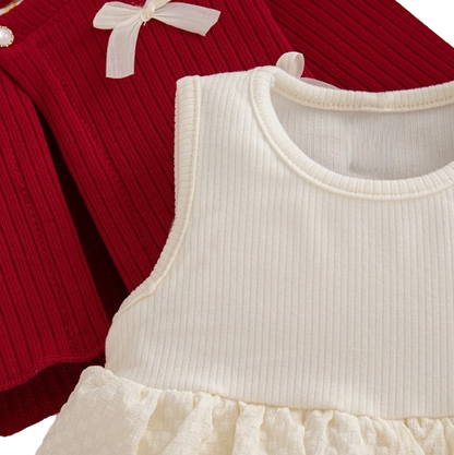 The Alexandria - Baby Girl Red Bow Knit Red Coat with Sleeveless Cake Dress