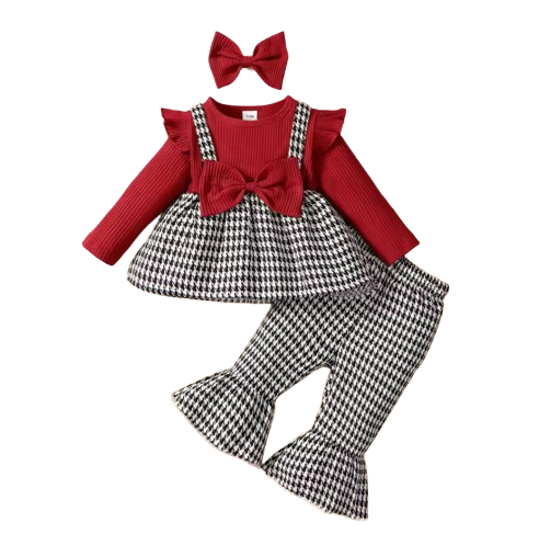 The Winnie - Baby Girl Round Neck Thousand Bird Grid Color Blocked Lotus Leaf Side Sleeve Fake Two Piece Strap Ski