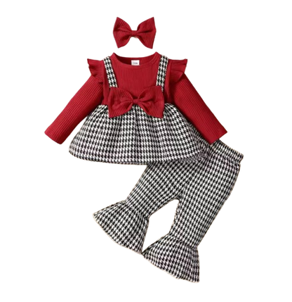 The Winnie - Baby Girl Round Neck Thousand Bird Grid Color Blocked Lotus Leaf Side Sleeve Fake Two Piece Strap Ski