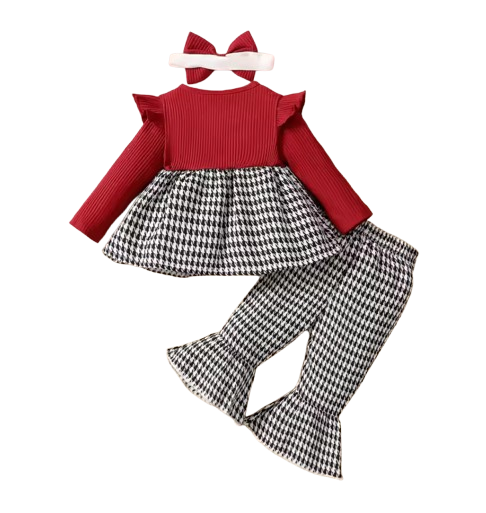 The Winnie - Baby Girl Round Neck Thousand Bird Grid Color Blocked Lotus Leaf Side Sleeve Fake Two Piece Strap Ski