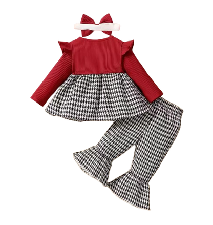 The Winnie - Baby Girl Round Neck Thousand Bird Grid Color Blocked Lotus Leaf Side Sleeve Fake Two Piece Strap Ski