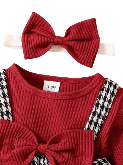 The Winnie - Baby Girl Round Neck Thousand Bird Grid Color Blocked Lotus Leaf Side Sleeve Fake Two Piece Strap Ski