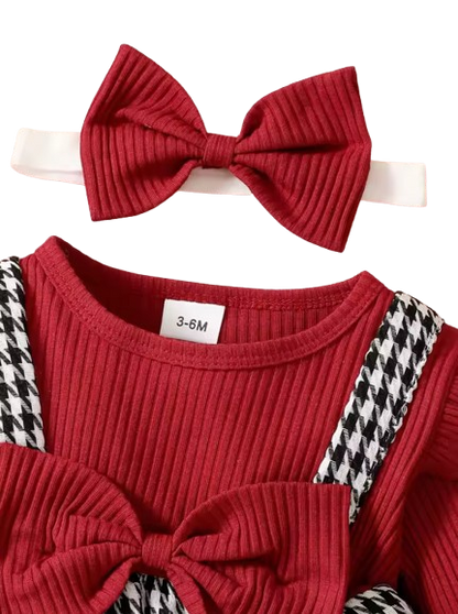 The Winnie - Baby Girl Round Neck Thousand Bird Grid Color Blocked Lotus Leaf Side Sleeve Fake Two Piece Strap Ski